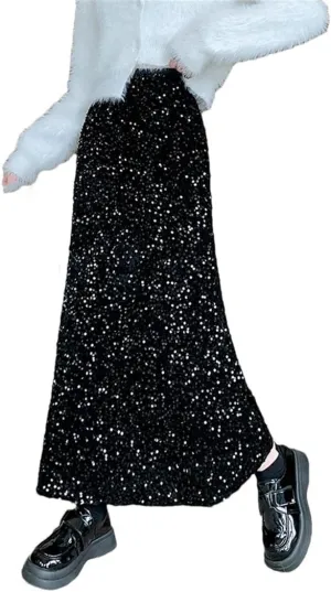 Women Streetwear Maxi Fishtail Skirt Loose Elastic Stretch Waist Faldas Largas Sequins Long Skirts