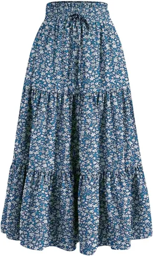 Women Summer A-Line Tiered Beach Outfits Bohemian Print Elastic Waist Long Skirt High Waist Casual Maxi Skirt