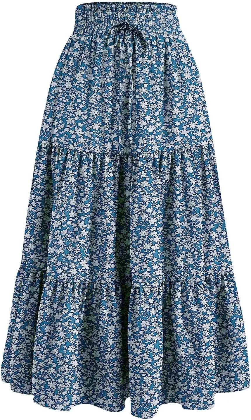 Women Summer A-Line Tiered Beach Outfits Bohemian Print Elastic Waist Long Skirt High Waist Casual Maxi Skirt