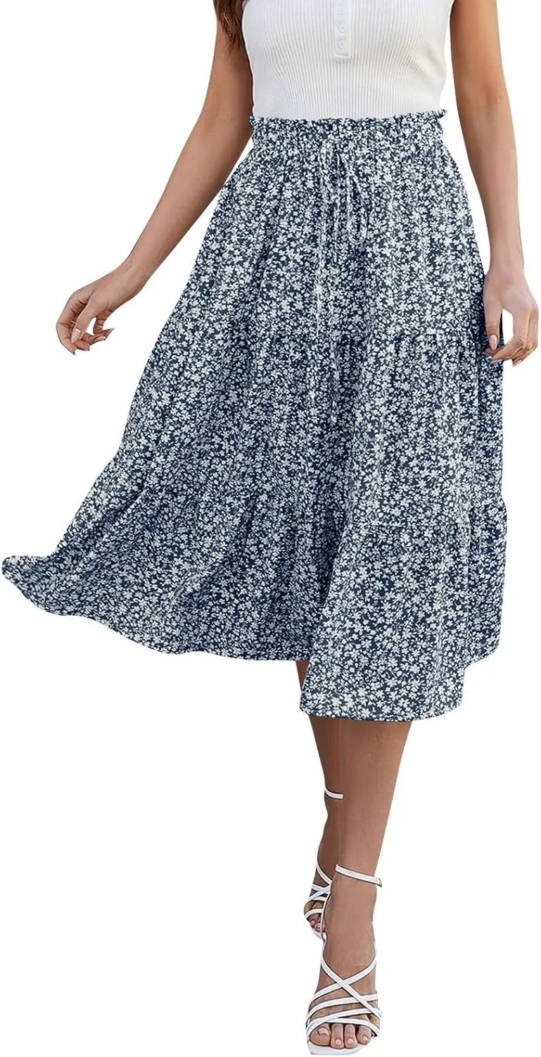 Women Summer A-Line Tiered Beach Outfits Bohemian Print Elastic Waist Long Skirt High Waist Casual Maxi Skirt