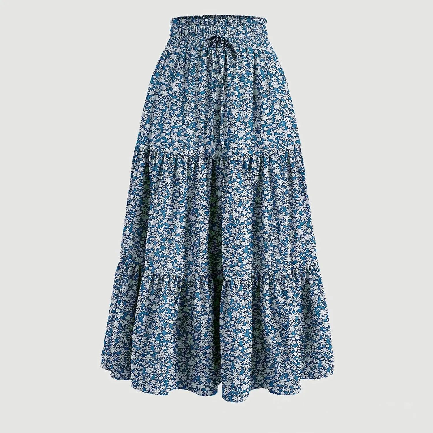 Women Summer A-Line Tiered Beach Outfits Bohemian Print Elastic Waist Long Skirt High Waist Casual Maxi Skirt
