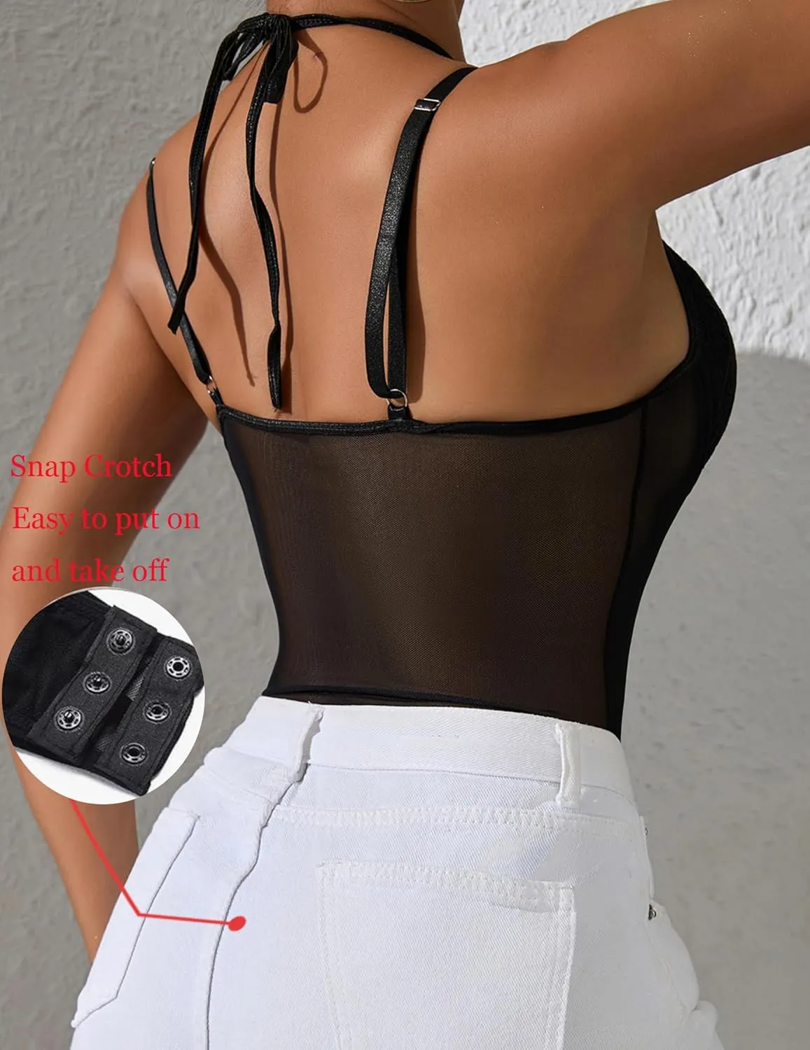 Women Teddy Lingerie Sexy Snap Crotch Lace Bodysuit Halter One Piece Lingerie Top with Underwire Push Up Bra