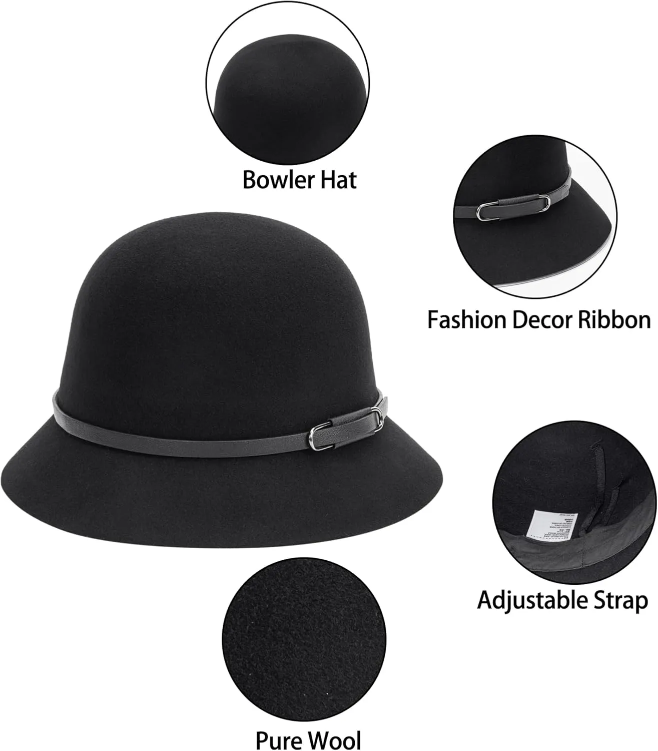 Womens 1920s Vintage Upturn Brim Wool Blend Cloche Church Hat Winter Felt Bucket Bowler Hat Crushable Foldable