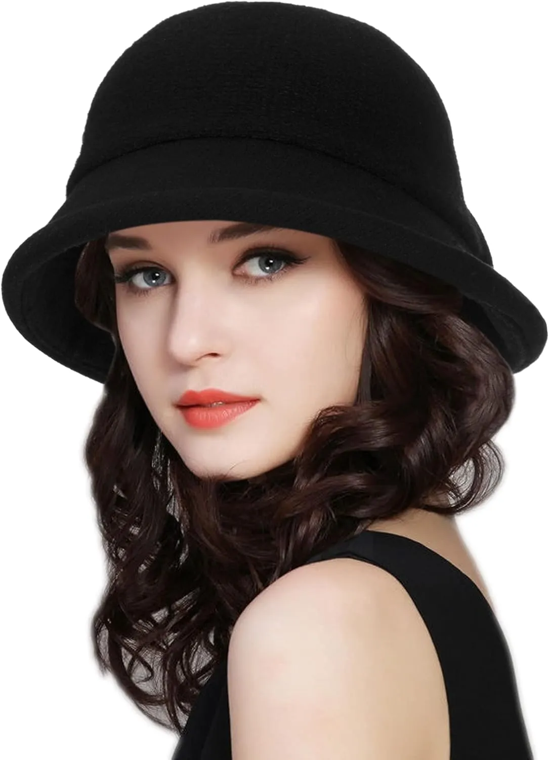 Womens 1920s Vintage Upturn Brim Wool Blend Cloche Church Hat Winter Felt Bucket Bowler Hat Crushable Foldable