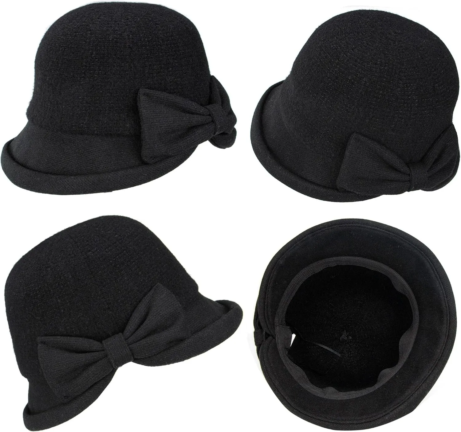 Womens 1920s Vintage Upturn Brim Wool Blend Cloche Church Hat Winter Felt Bucket Bowler Hat Crushable Foldable