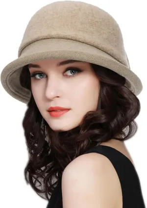 Womens 1920s Vintage Upturn Brim Wool Blend Cloche Church Hat Winter Felt Bucket Bowler Hat Crushable Foldable
