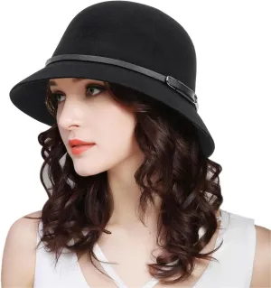 Womens 1920s Vintage Upturn Brim Wool Blend Cloche Church Hat Winter Felt Bucket Bowler Hat Crushable Foldable