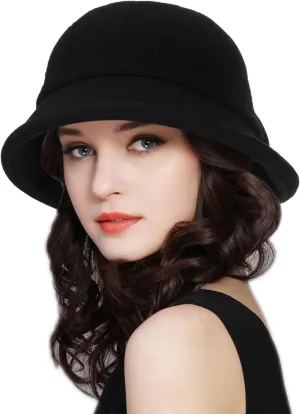 Womens 1920s Vintage Upturn Brim Wool Blend Cloche Church Hat Winter Felt Bucket Bowler Hat Crushable Foldable