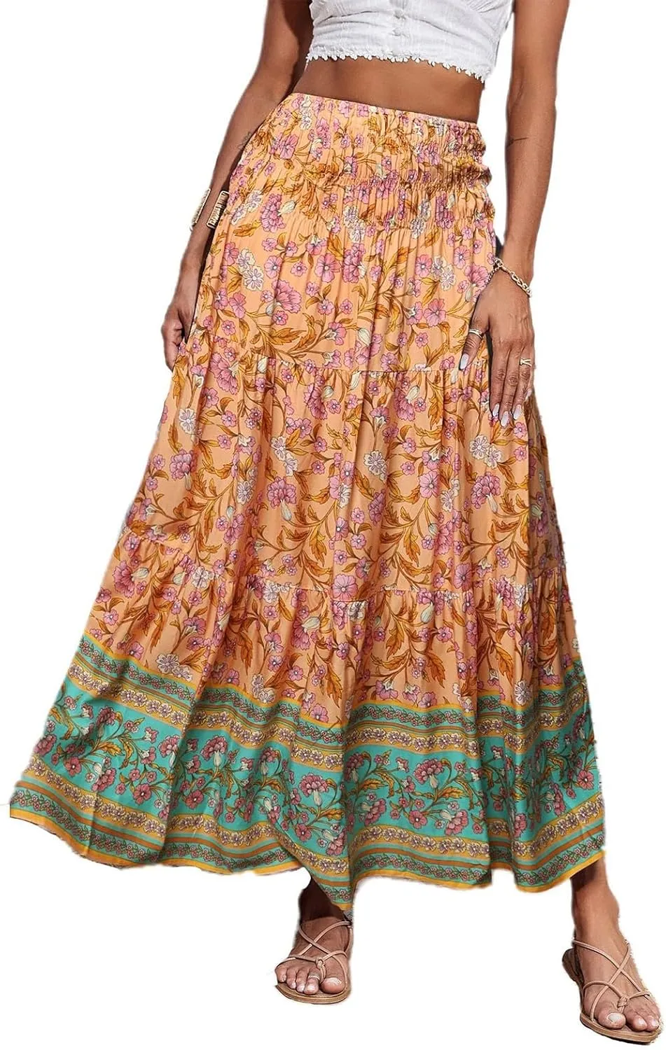 Women's 2025 Summer Bohemian Floral Printed Stretch Waist Tiered Pleated Swing Maxi Skirt with Pockets, S-2XL