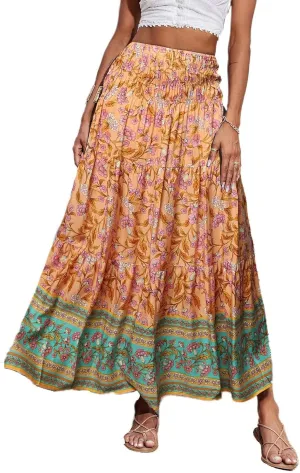 Women's 2025 Summer Bohemian Floral Printed Stretch Waist Tiered Pleated Swing Maxi Skirt with Pockets, S-2XL