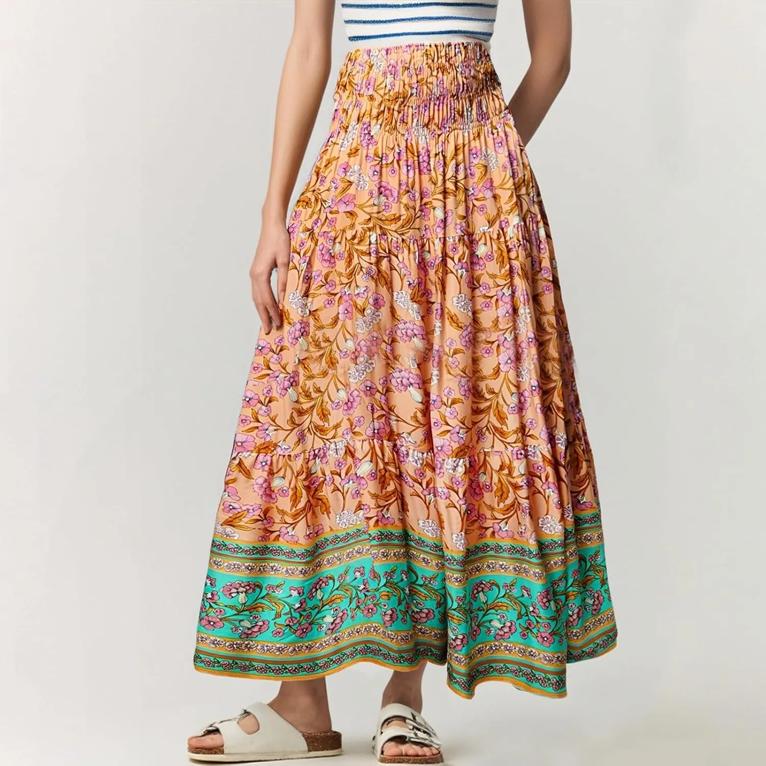 Women's 2025 Summer Bohemian Floral Printed Stretch Waist Tiered Pleated Swing Maxi Skirt with Pockets, S-2XL