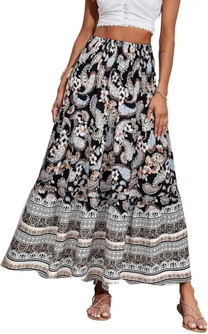 Women's 2025 Summer Bohemian Floral Printed Stretch Waist Tiered Pleated Swing Maxi Skirt with Pockets, S-2XL