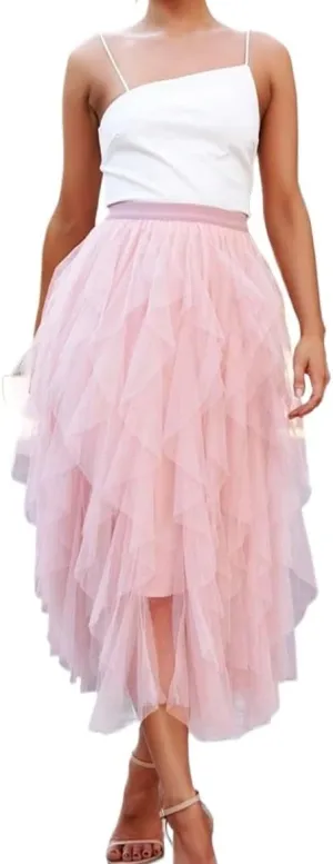 Women's Basic Elegant Asymmetrical Layered Hem Mesh Overlay Long Skirt Tiered Layer Casual Skirts