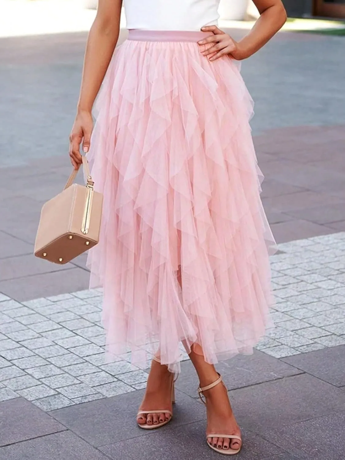 Women's Basic Elegant Asymmetrical Layered Hem Mesh Overlay Long Skirt Tiered Layer Casual Skirts