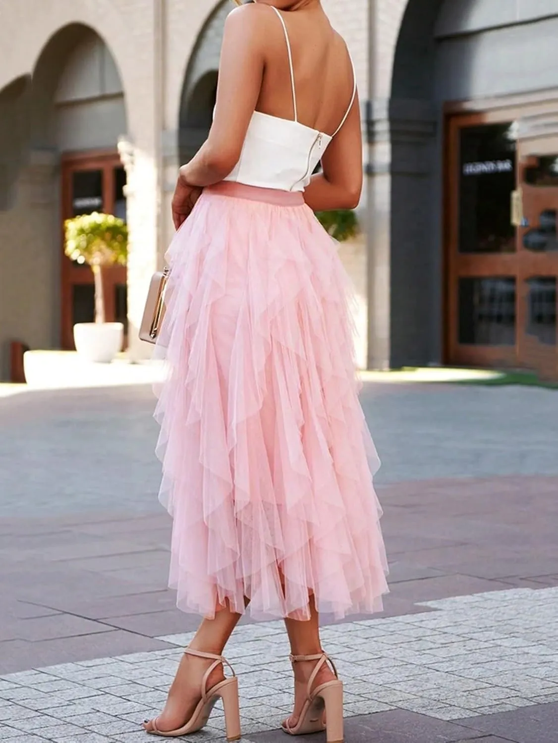Women's Basic Elegant Asymmetrical Layered Hem Mesh Overlay Long Skirt Tiered Layer Casual Skirts