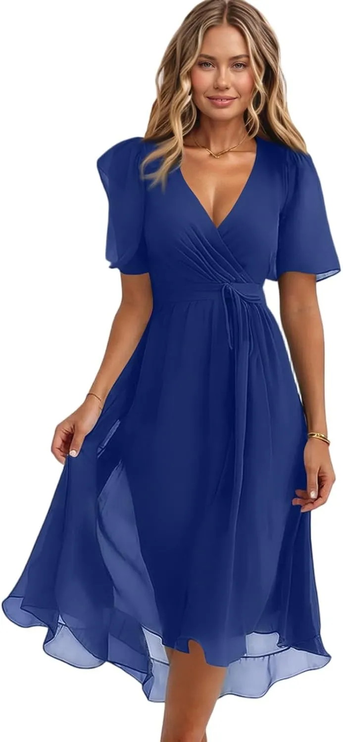 Womens Boho Floral Printed Chiffon Dresses 2025 Elegant V Neck Belted Summer Bodycon Wrap Dress Midi Sundress
