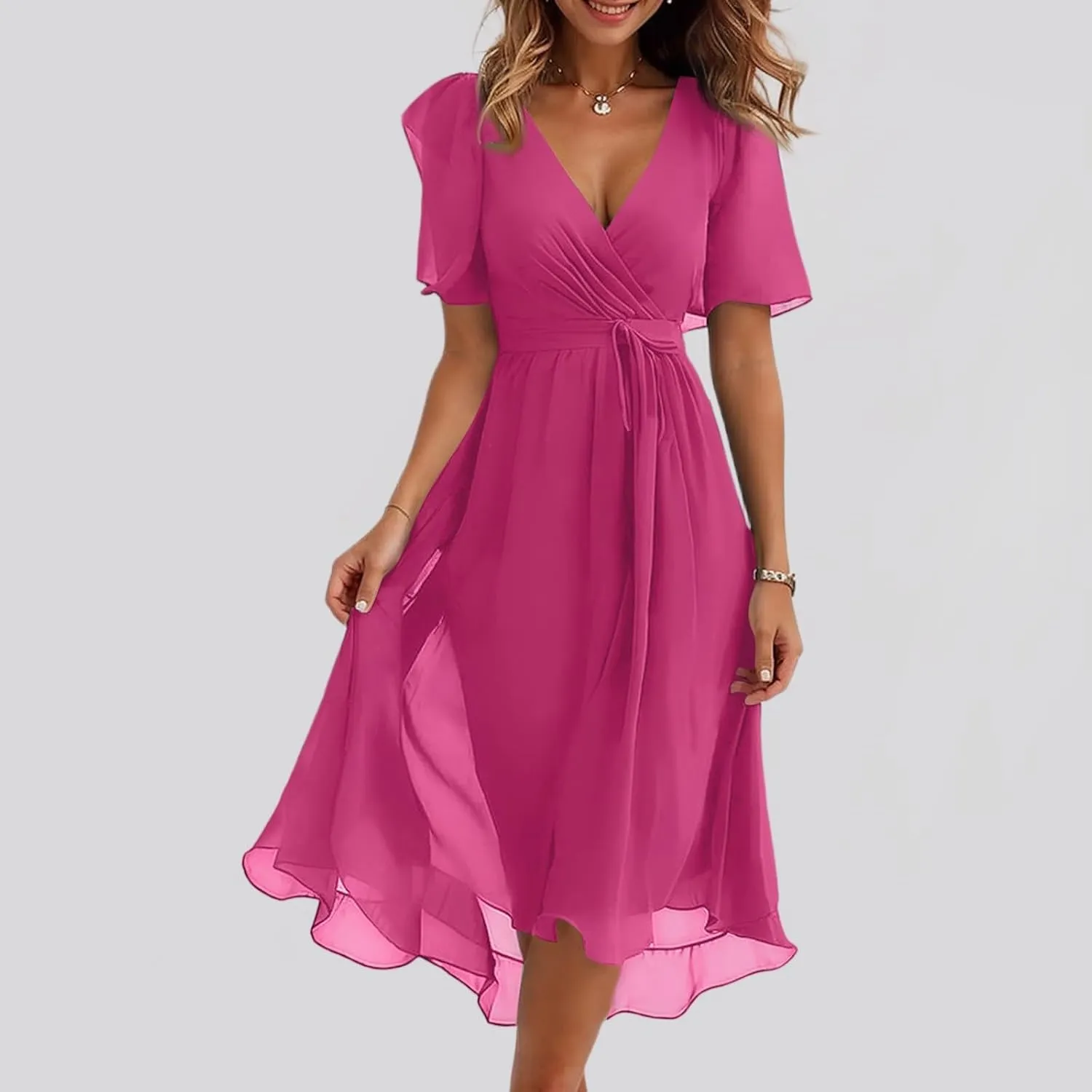 Womens Boho Floral Printed Chiffon Dresses 2025 Elegant V Neck Belted Summer Bodycon Wrap Dress Midi Sundress