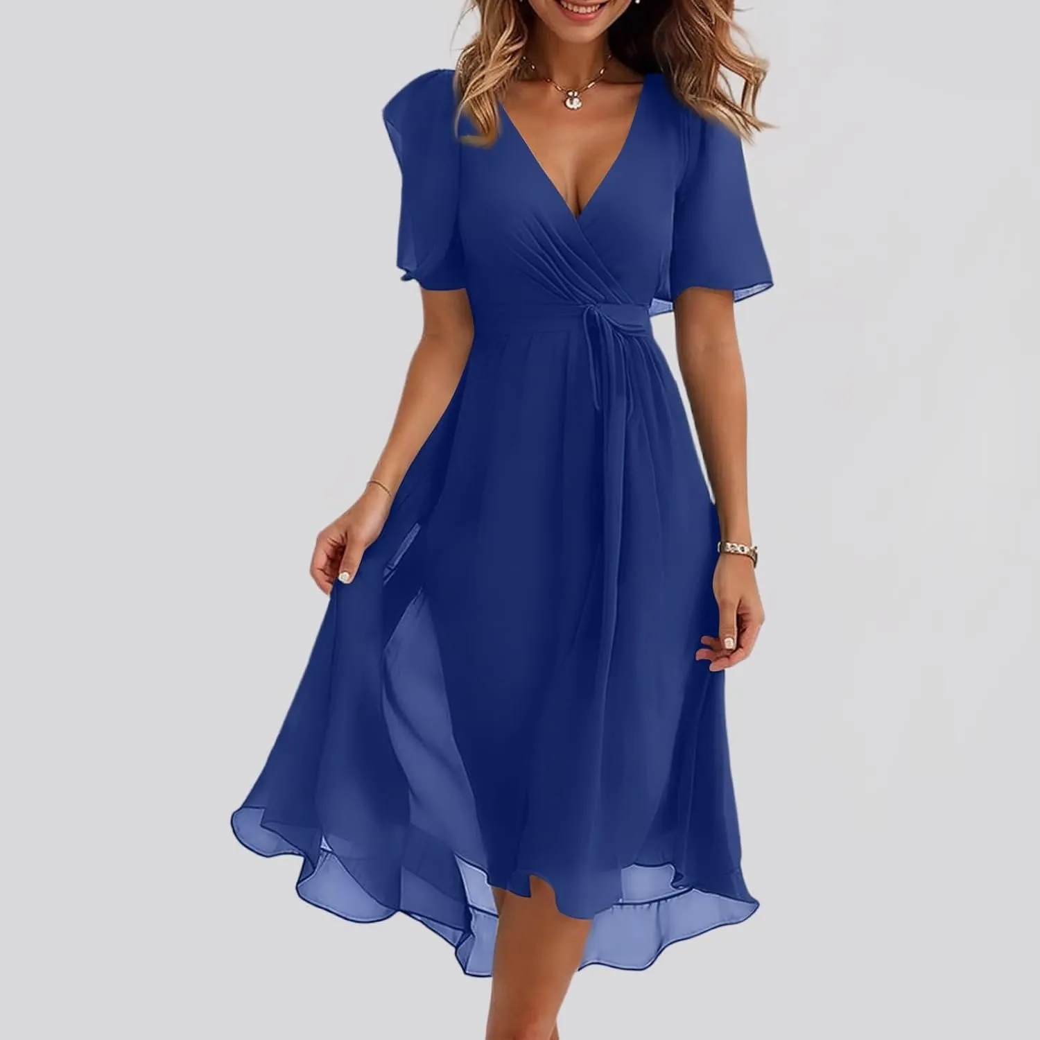 Womens Boho Floral Printed Chiffon Dresses 2025 Elegant V Neck Belted Summer Bodycon Wrap Dress Midi Sundress