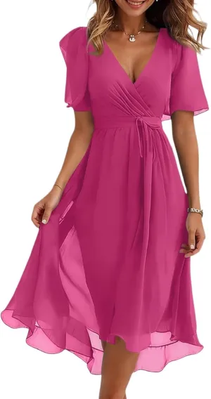 Womens Boho Floral Printed Chiffon Dresses 2025 Elegant V Neck Belted Summer Bodycon Wrap Dress Midi Sundress