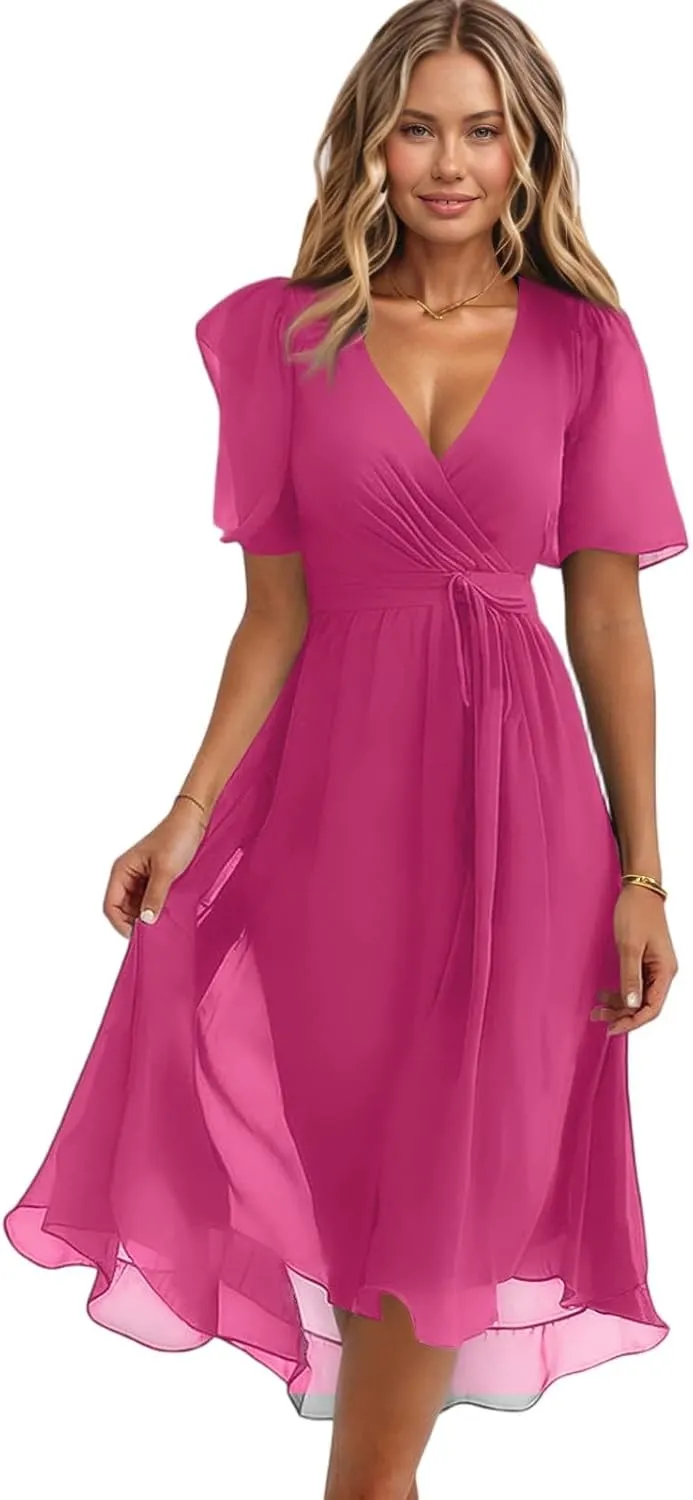 Womens Boho Floral Printed Chiffon Dresses 2025 Elegant V Neck Belted Summer Bodycon Wrap Dress Midi Sundress