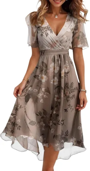 Womens Boho Floral Printed Chiffon Dresses 2025 Elegant V Neck Belted Summer Wedding Prom Cocktail Midi Dress