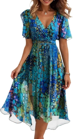 Womens Boho Floral Printed Chiffon Dresses 2025 Elegant V Neck Belted Summer Wedding Prom Cocktail Midi Dress