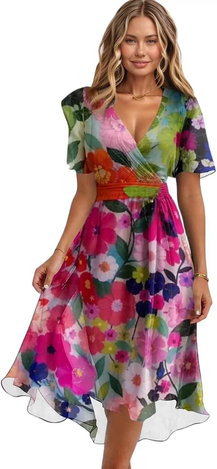 Womens Boho Floral Printed Chiffon Dresses 2025 Elegant V Neck Belted Summer Wedding Prom Cocktail Midi Dress
