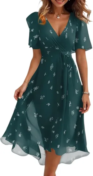 Womens Boho Floral Printed Chiffon Dresses 2025 Elegant V Neck Belted Summer Wedding Prom Cocktail Midi Dress