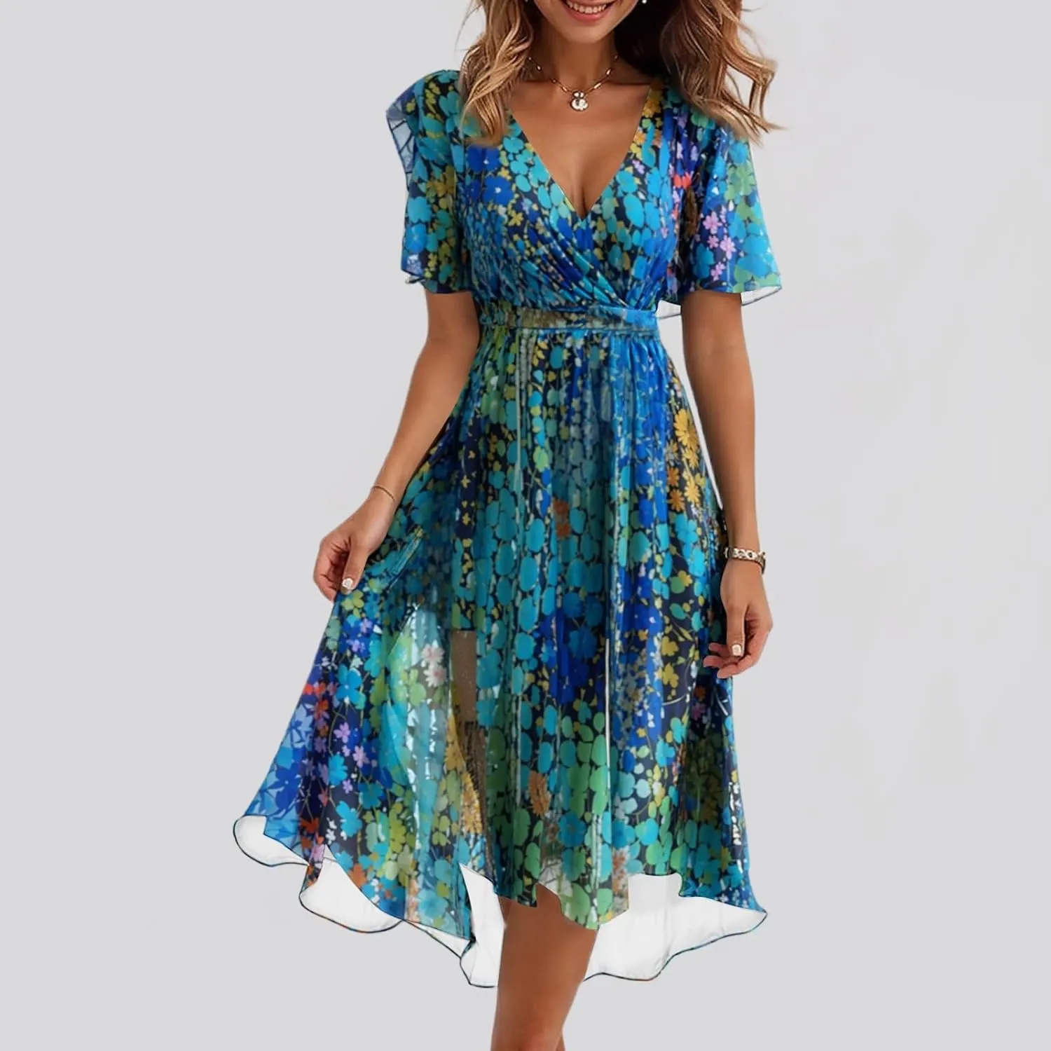 Womens Boho Floral Printed Chiffon Dresses 2025 Elegant V Neck Belted Summer Wedding Prom Cocktail Midi Dress