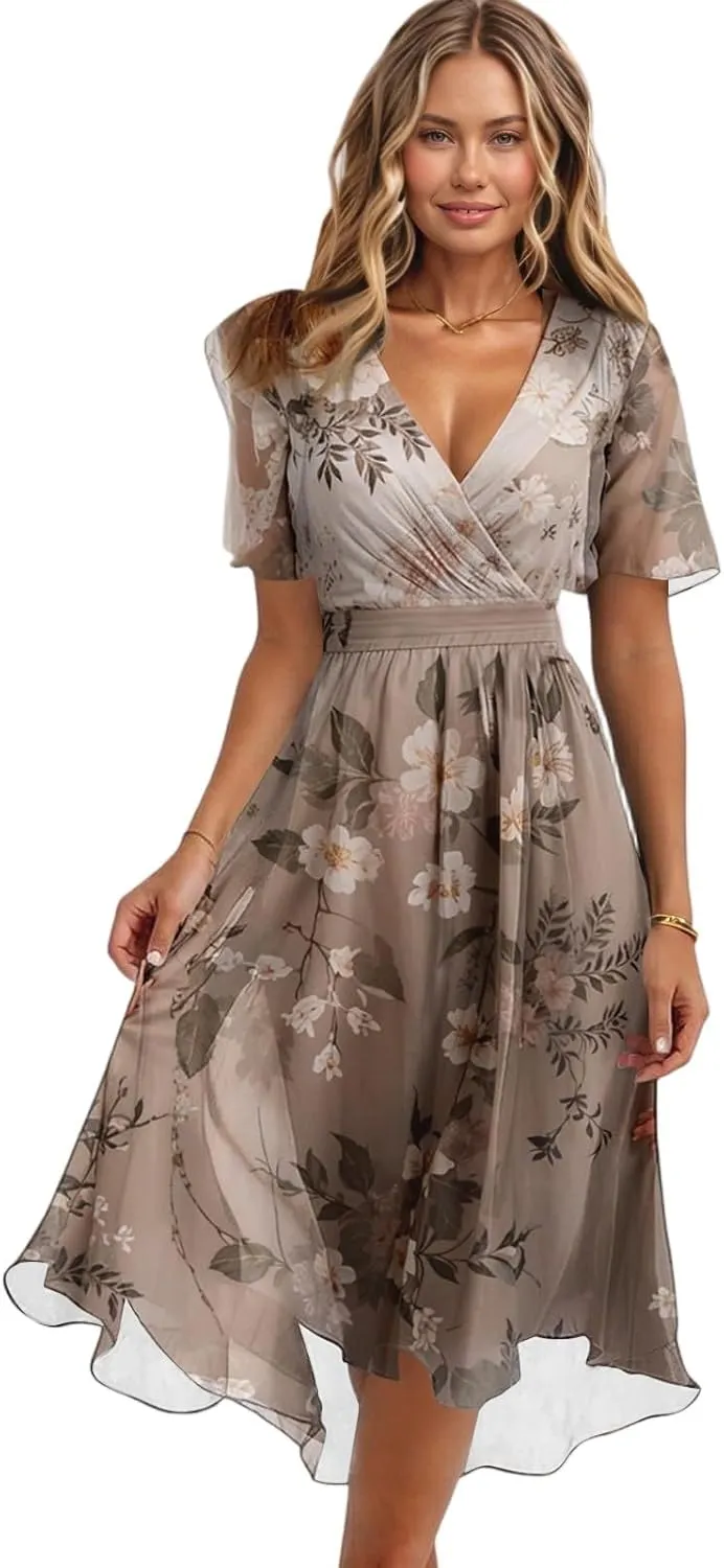 Womens Boho Floral Printed Chiffon Dresses 2025 Elegant V Neck Belted Summer Wedding Prom Cocktail Midi Dress