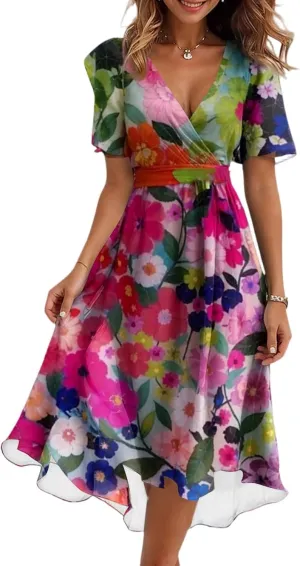 Womens Boho Floral Printed Chiffon Dresses 2025 Elegant V Neck Belted Summer Wedding Prom Cocktail Midi Dress