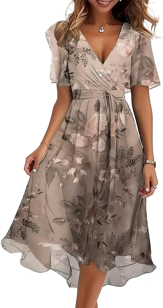 Womens Boho Floral Printed Chiffon Dresses 2025 Elegant V Neck Belted Summer Wedding Prom Cocktail Midi Dress