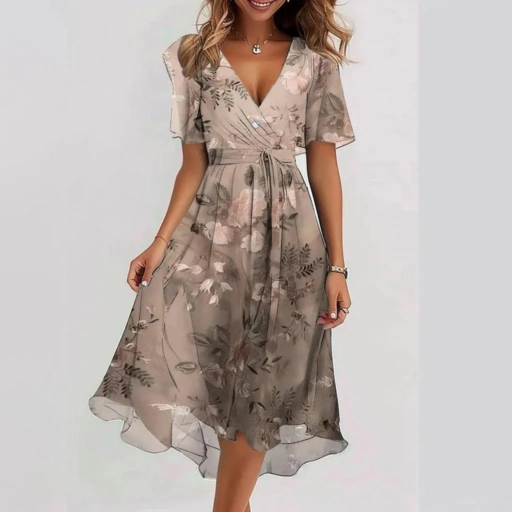Womens Boho Floral Printed Chiffon Dresses 2025 Elegant V Neck Belted Summer Wedding Prom Cocktail Midi Dress
