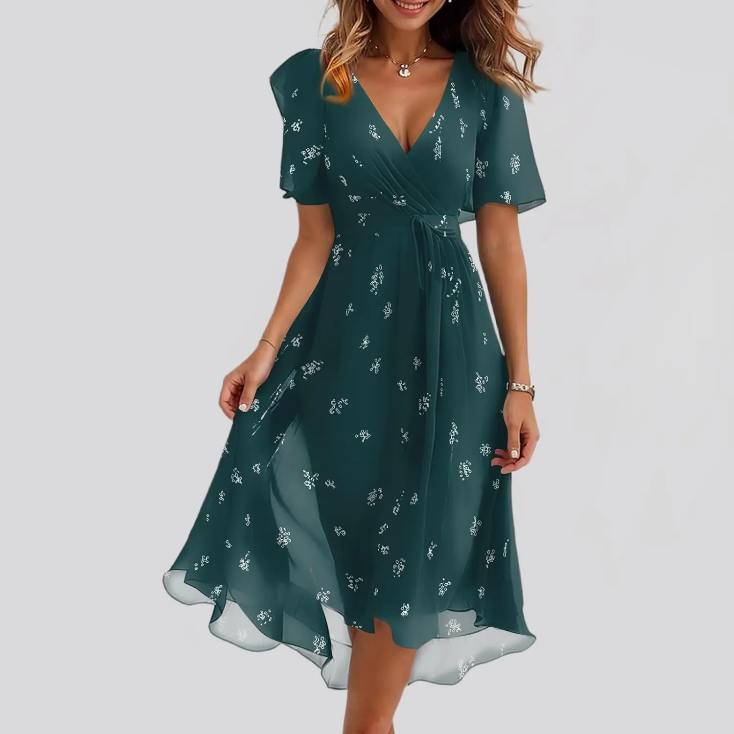 Womens Boho Floral Printed Chiffon Dresses 2025 Elegant V Neck Belted Summer Wedding Prom Cocktail Midi Dress
