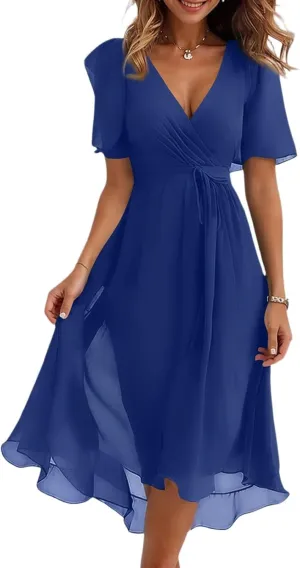 Womens Boho Floral Printed Chiffon Dresses 2025 Elegant V Neck Belted Summer Wedding Prom Cocktail Midi Dress