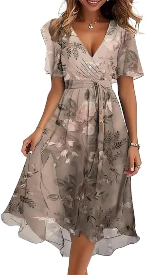 Womens Boho Floral Printed Chiffon Dresses 2025 Elegant V Neck Belted Summer Wedding Prom Cocktail Midi Dress