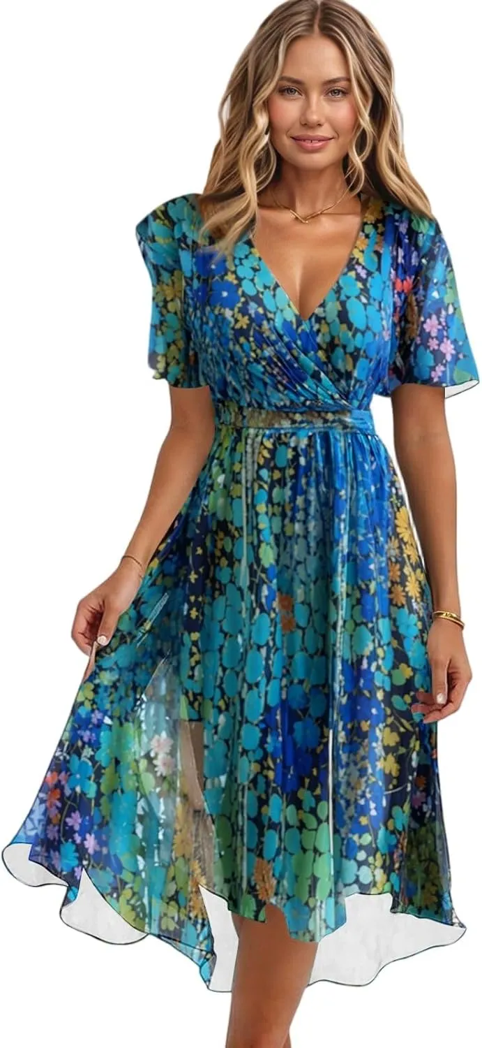 Womens Boho Floral Printed Chiffon Dresses 2025 Elegant V Neck Belted Summer Wedding Prom Cocktail Midi Dress