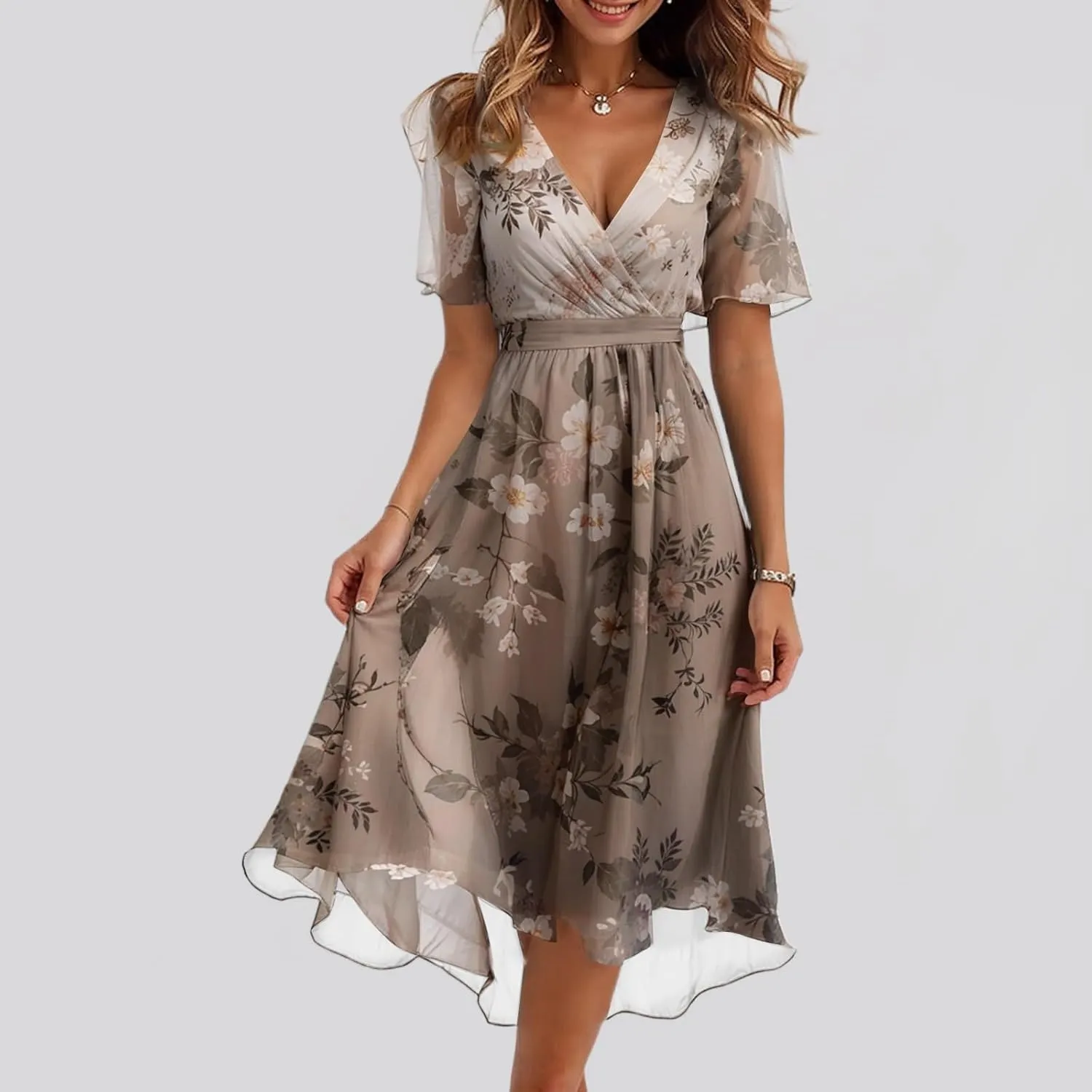 Womens Boho Floral Printed Chiffon Dresses 2025 Elegant V Neck Belted Summer Wedding Prom Cocktail Midi Dress