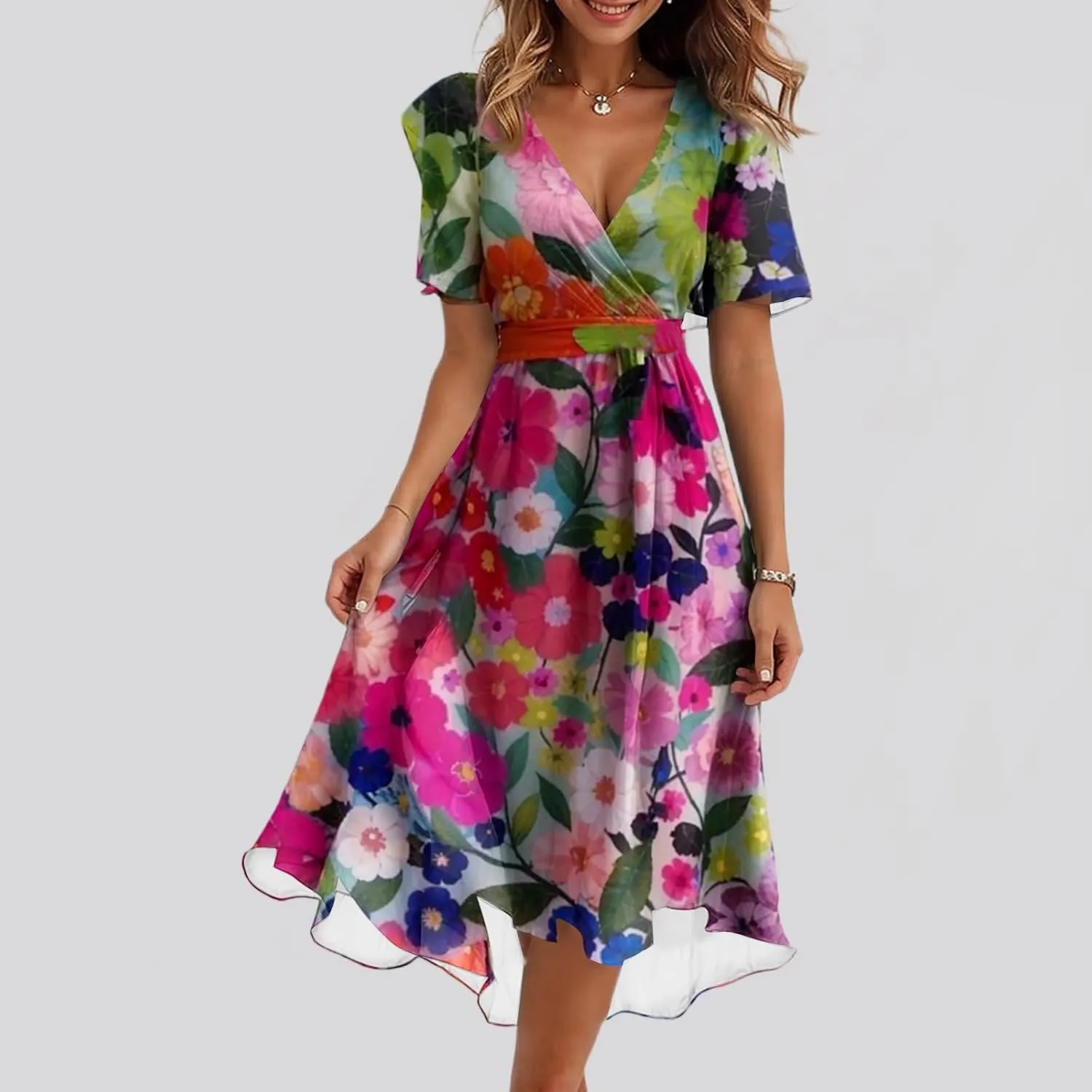 Womens Boho Floral Printed Chiffon Dresses 2025 Elegant V Neck Belted Summer Wedding Prom Cocktail Midi Dress