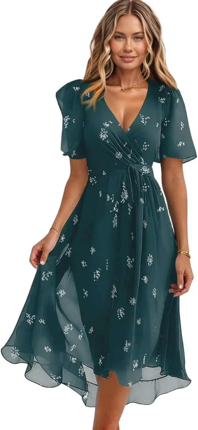 Womens Boho Floral Printed Chiffon Dresses 2025 Elegant V Neck Belted Summer Wedding Prom Cocktail Midi Dress