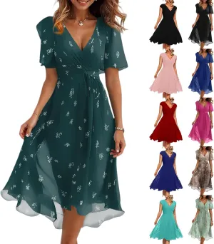 Womens Boho Floral Printed Chiffon Dresses 2025 Elegant V Neck Summer Wedding Prom Cocktail Midi Dresses