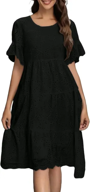 Womens Boho Summer Dresses 2025 Resort V Neck Short Sleeve Hollow Out Lace Ruffle Casual Beach Mini Vacation Dress