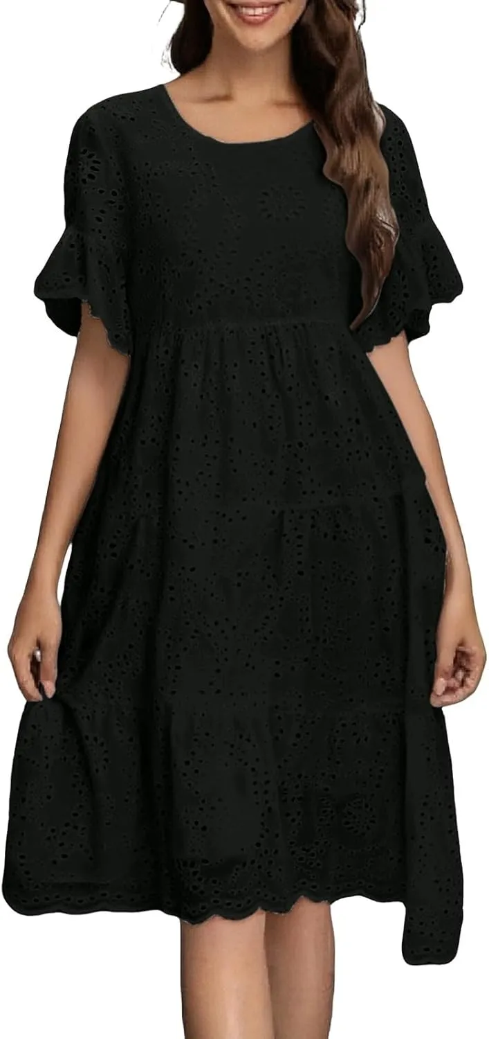 Womens Boho Summer Dresses 2025 Resort V Neck Short Sleeve Hollow Out Lace Ruffle Casual Beach Mini Vacation Dress