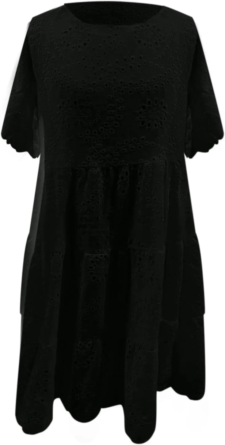Womens Boho Summer Dresses 2025 Resort V Neck Short Sleeve Hollow Out Lace Ruffle Casual Beach Mini Vacation Dress