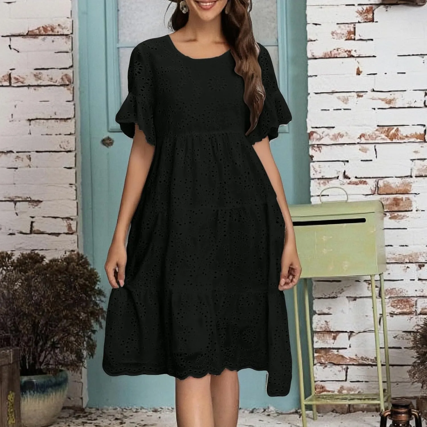Womens Boho Summer Dresses 2025 Resort V Neck Short Sleeve Hollow Out Lace Ruffle Casual Beach Mini Vacation Dress