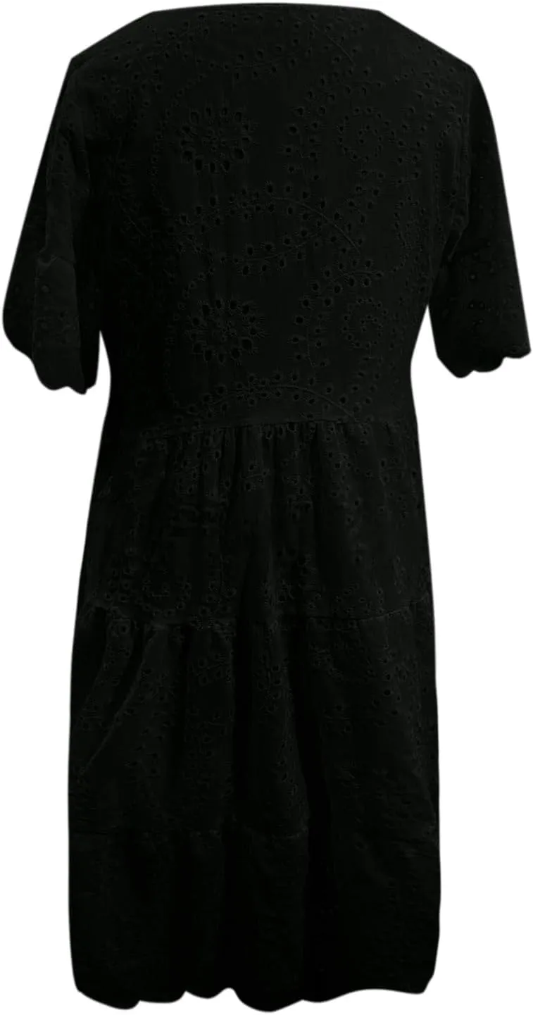 Womens Boho Summer Dresses 2025 Resort V Neck Short Sleeve Hollow Out Lace Ruffle Casual Beach Mini Vacation Dress