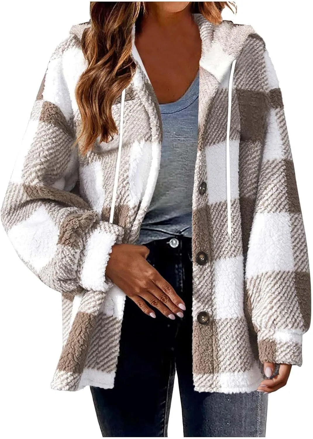 Womens Button Down Hoodies Fleece Lined Coats Soft Comfy Warm Cardigan Sweaters Plus Size Sherpa Jackets Outerwear