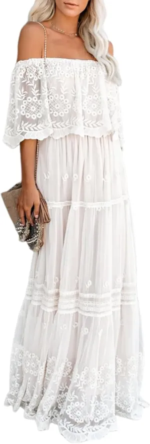 Women's Casual Off The Shoulder Ruffle Midi Dress Boho Flowy Tiered Wedding Bridesmaid Party A-Line Long Dresses