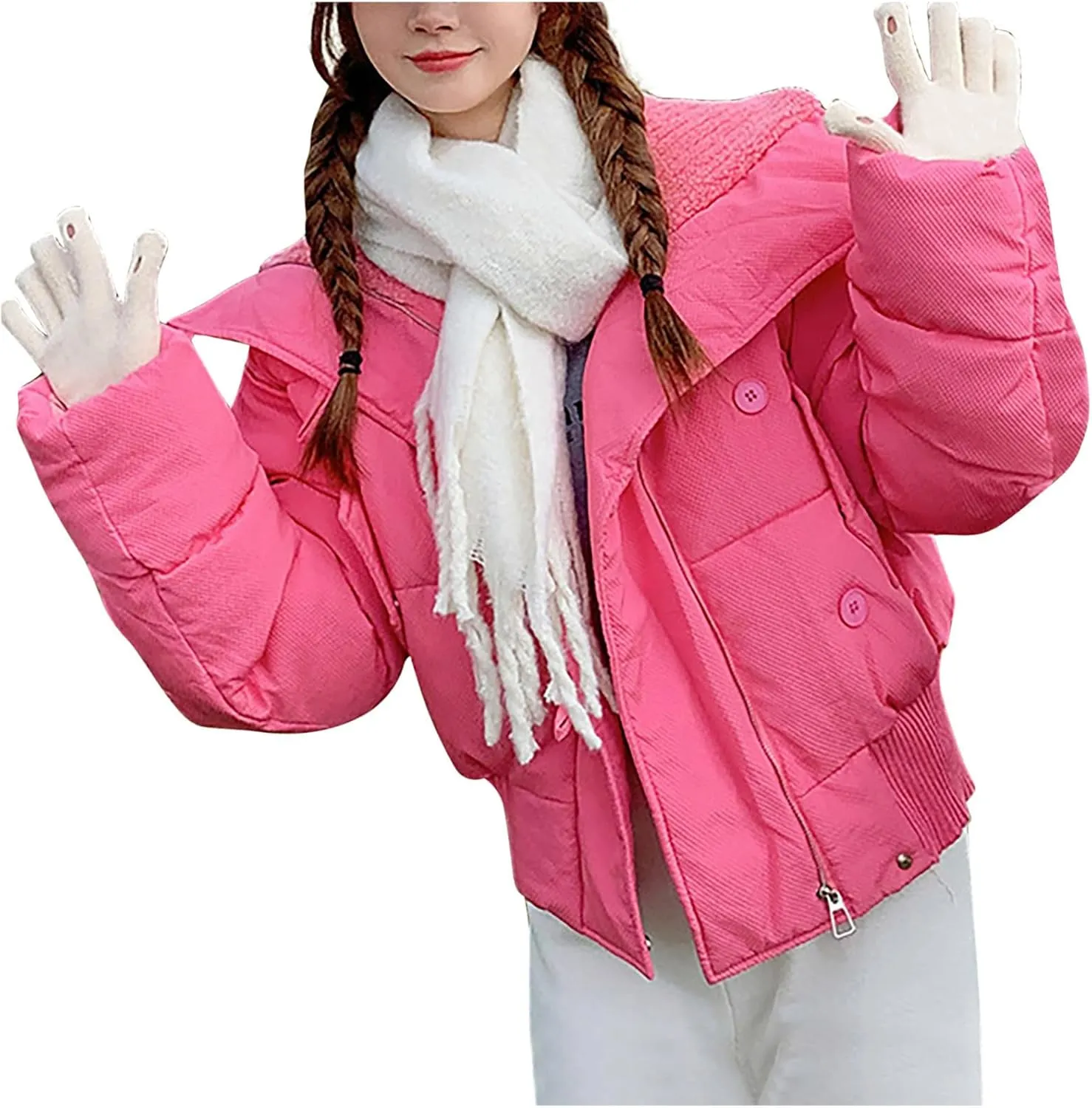 Women's Cropped Down Puffer Jacket Winter Warm Waterproof Quilted Coat with Pockets Elastic Hem Zip-Up Button Outwear