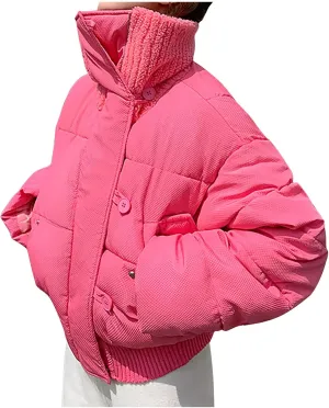 Women's Cropped Down Puffer Jacket Winter Warm Waterproof Quilted Coat with Pockets Elastic Hem Zip-Up Button Outwear